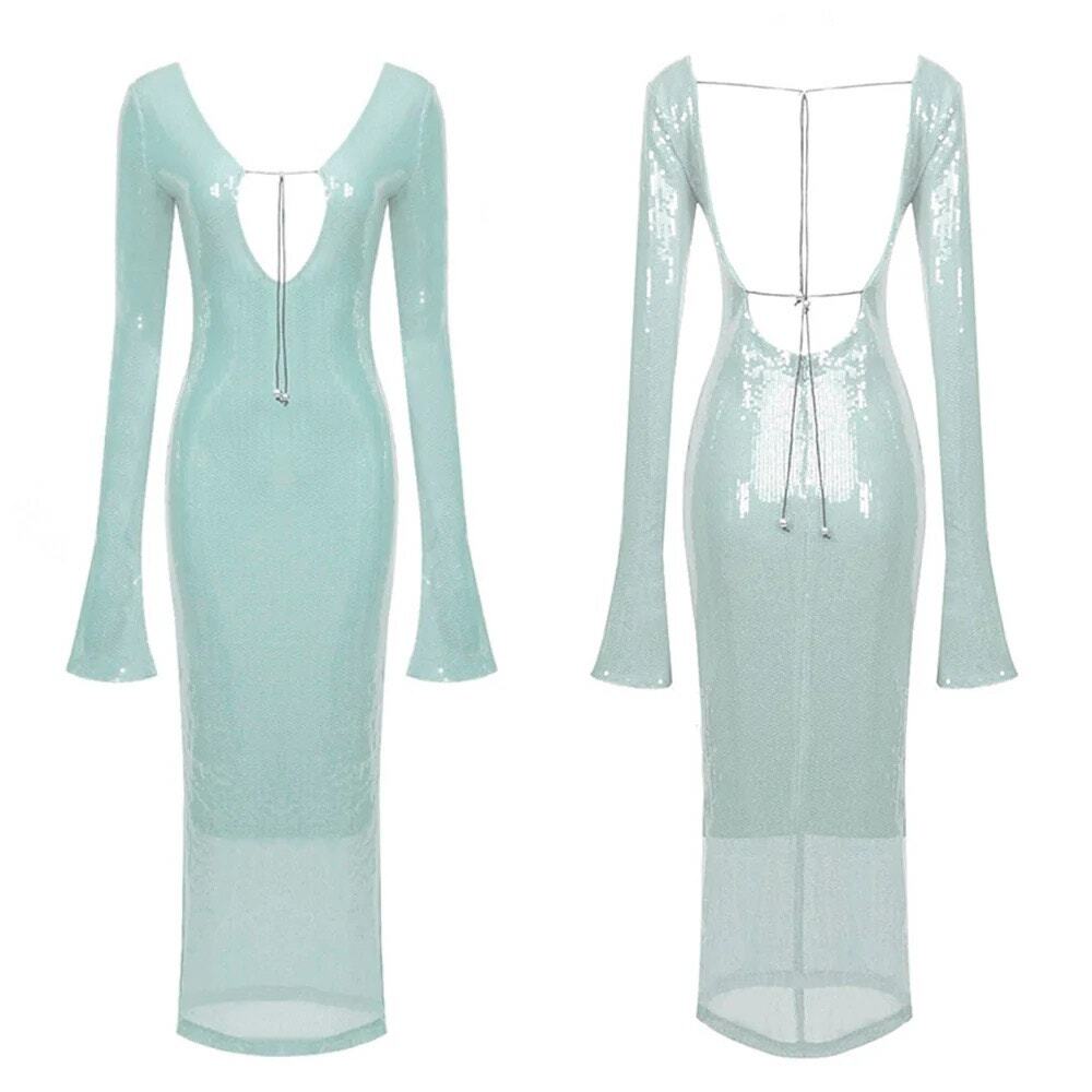 Long Sleeve Sequin Backless Maxi Dress Small